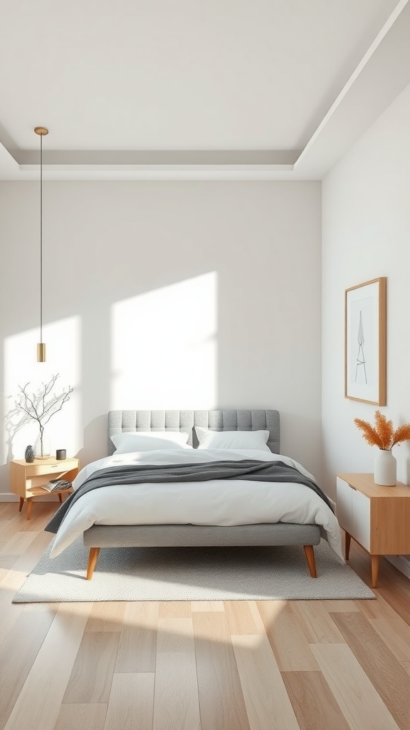 A minimalist bedroom with a gray upholstered bed, wooden nightstands, and soft sunlight illuminating the room.