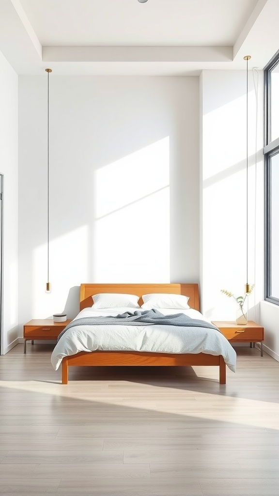 A minimalist bedroom with a wooden bed, neutral bedding, and large windows allowing natural light.