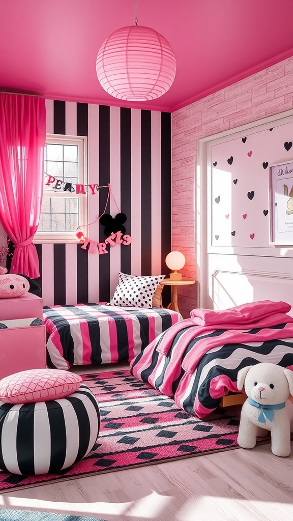 A bright pink and black bedroom with striped walls and playful polka dot patterns.