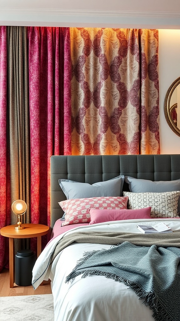 Cozy bedroom with grey and pink textiles, featuring a bed with patterned grey blanket and pink pillows, and pink curtains, illuminated by natural light.