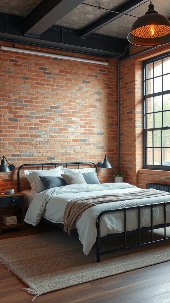 A modern industrial style bedroom featuring an exposed brick wall, wooden beams, and minimalistic furniture.