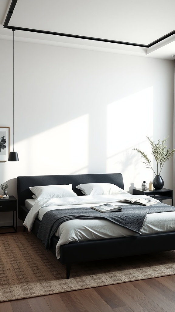 Modern minimalist bedroom with a black bedframe, white bedding, and natural light.