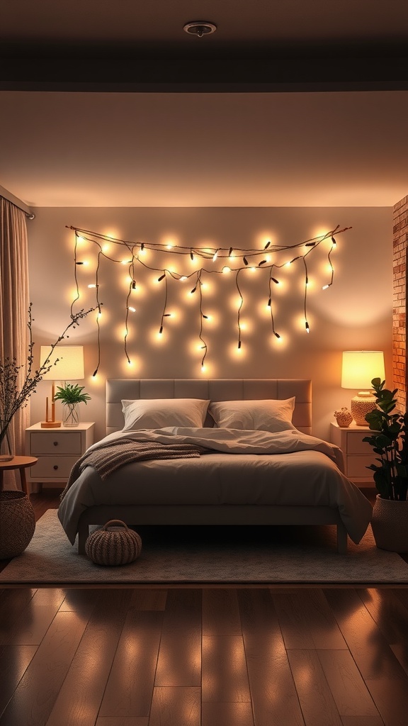 Cozy bedroom with warm lighting and plants