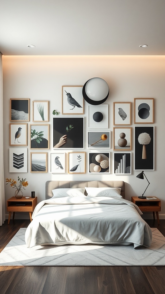 A stylish bedroom with a gallery wall featuring framed artwork, a cozy bed, and modern decor.