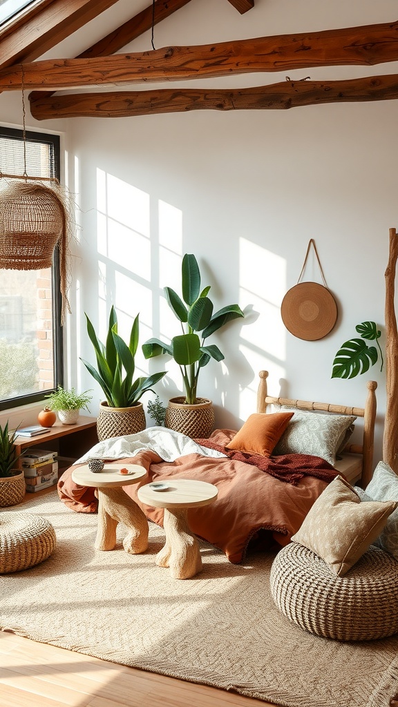 A cozy western boho bedroom featuring natural elements such as wooden beams, plants, and woven textiles.