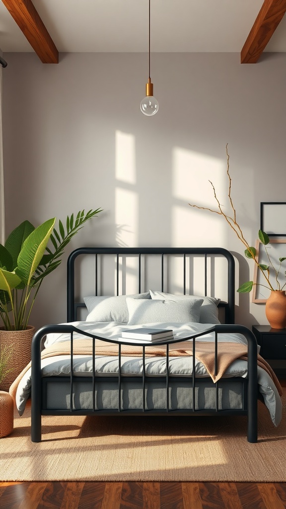 A cozy bedroom featuring a black bedframe, natural plants, and warm decor