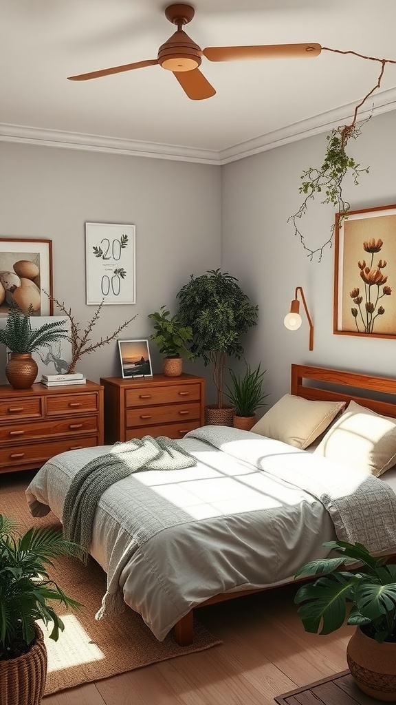 A serene bedroom with wooden furniture, plants, and soft natural light.