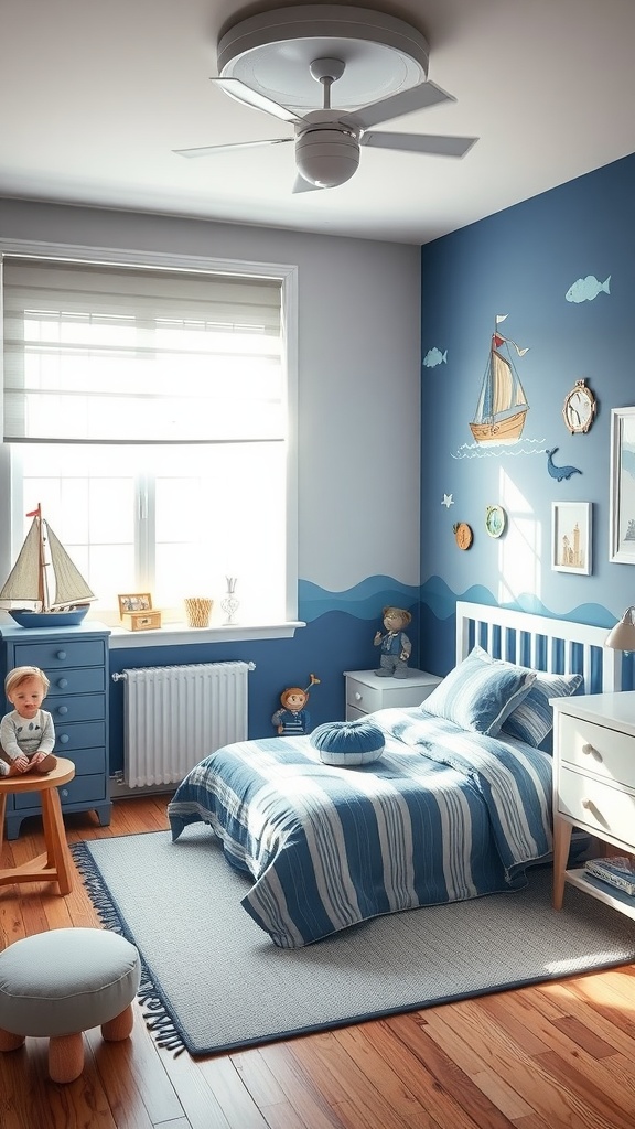 A toddler boy's bedroom with nautical theme including blue walls, striped bedding, and sea creature decorations.