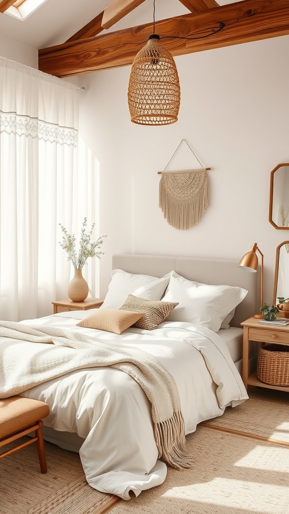 A cozy boho bedroom with neutral color palette featuring wooden beams, soft bedding, and natural decor.