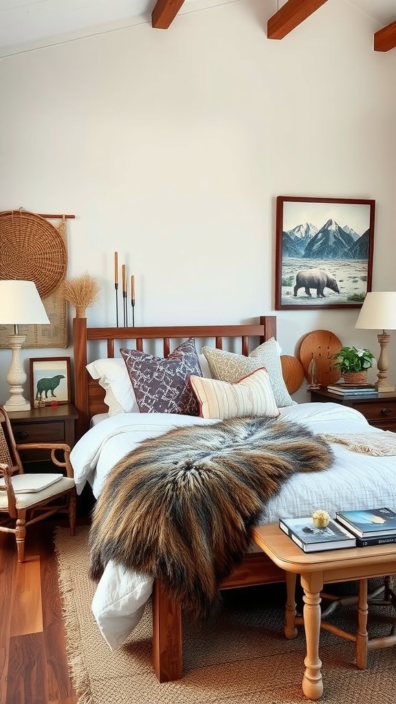 A cozy western boho bedroom featuring wooden beams, a comfortable bed with patterned throw, and nature-inspired decor.