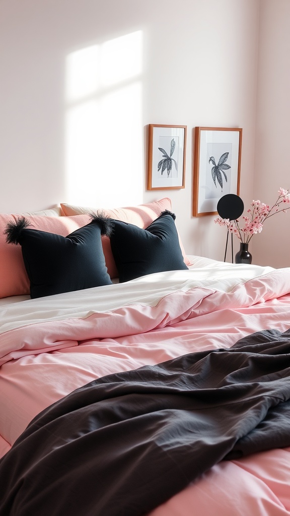 Cozy pink and black bedroom with decorative pillows, art, and a flower vase.