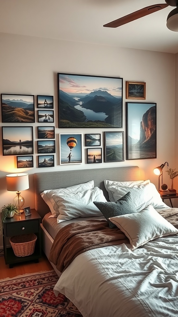 A cozy bedroom with a personalized photo display on the wall featuring various framed pictures.