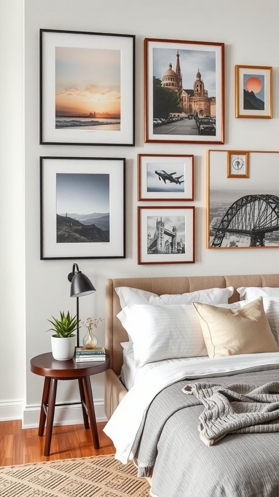 A cozy bedroom featuring a wall of framed photographs, showcasing landscapes and family moments, adding a personal touch to the space.