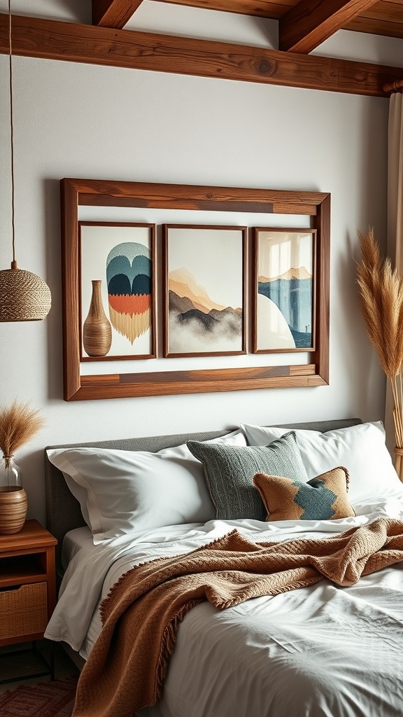 A cozy bedroom with personalized wall decor featuring framed photographs and natural elements, creating a boho vibe.