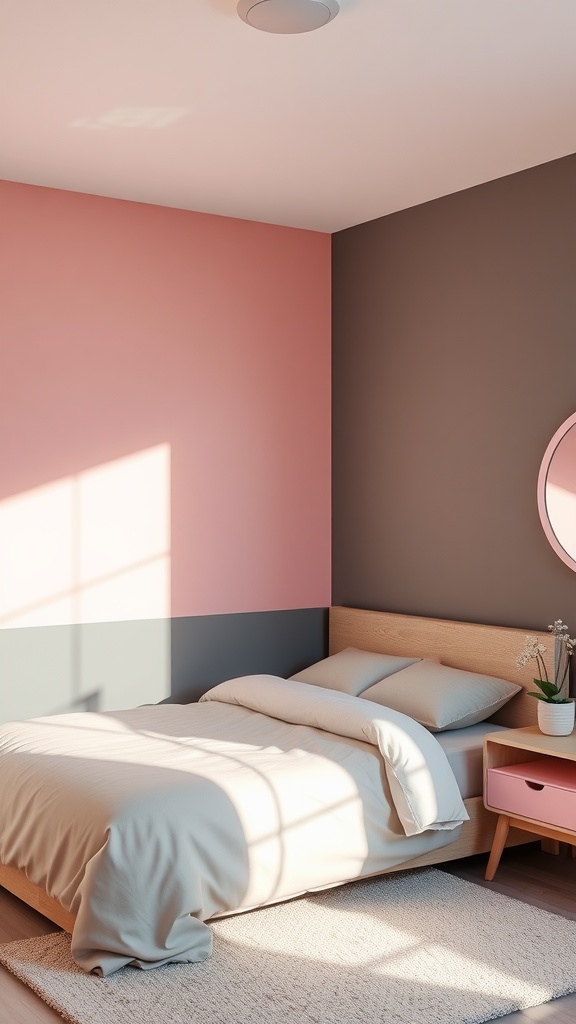 A cozy bedroom featuring pink and grey color blocking on the walls with a neutral bedspread and modern furniture.