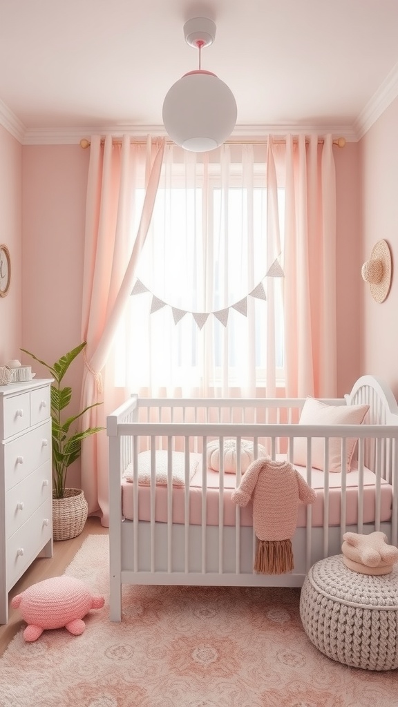 A cozy pink and grey nursery featuring a crib, soft pink curtains, and a plant.