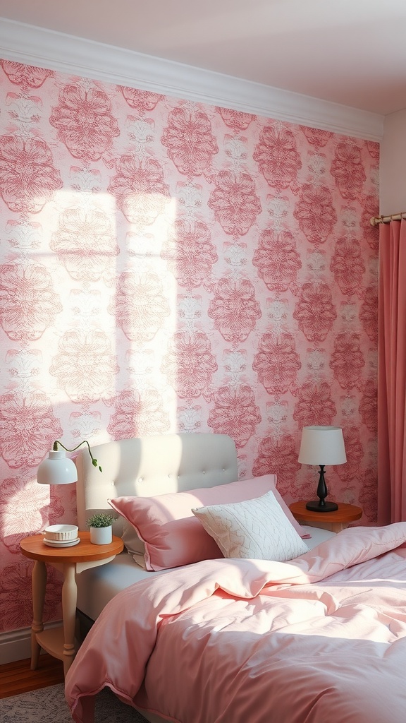 A softly lit bedroom featuring pink floral wallpaper, light pink bedding, and gray accents.