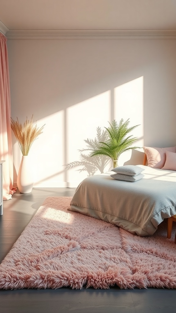 A cozy bedroom featuring a pink area rug on a grey floor, complemented by green plants and soft sunlight.