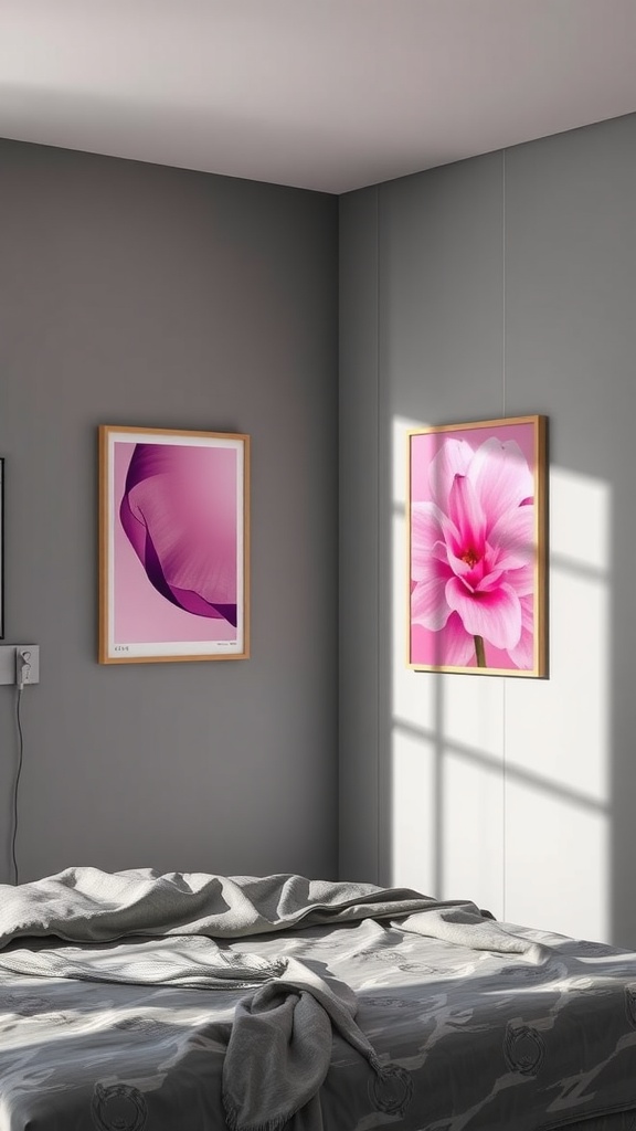 A grey bedroom with pink floral artwork on the walls, showing a cozy and stylish atmosphere.