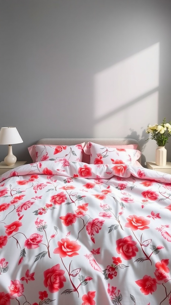 A grey bedroom with pink floral bedding, soft light from a window, and white bedside lamp.