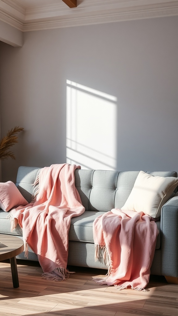 A grey sofa adorned with pink throw blankets and a white pillow in a well-lit room.