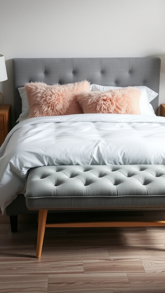 A grey upholstered bench with pink throw pillows in a cozy bedroom setting