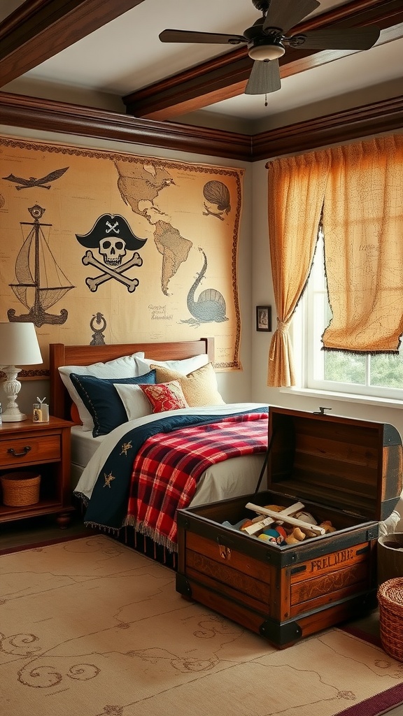 Toddler bedroom decorated in a pirate theme with treasure maps, flags, and a treasure chest.