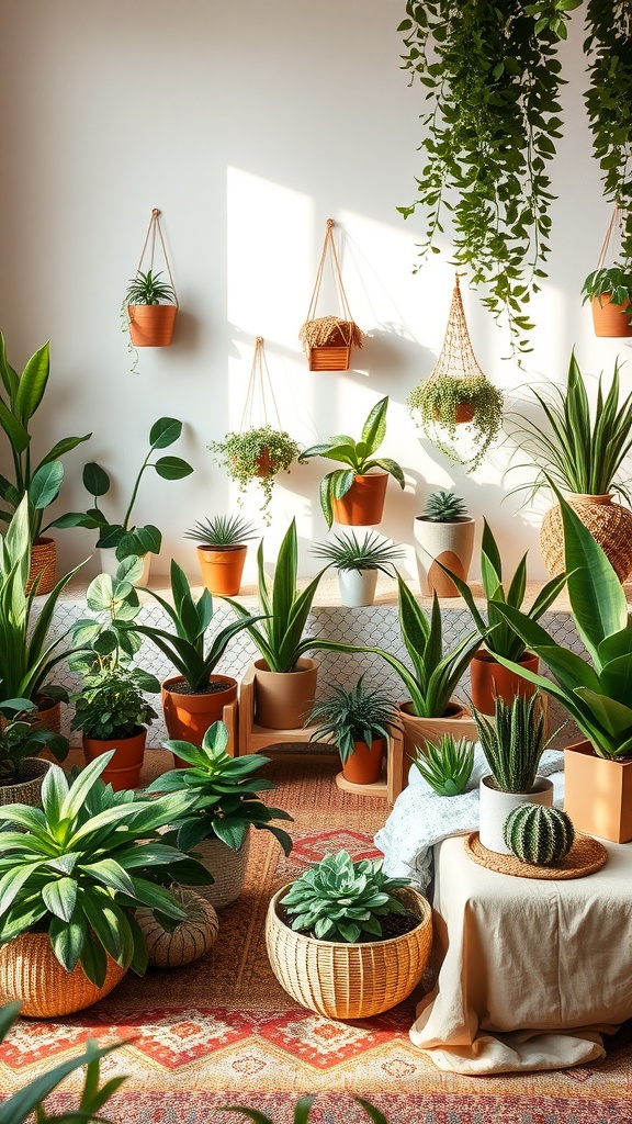 A vibrant assortment of indoor plants in pots, showcasing a lively boho bedroom theme