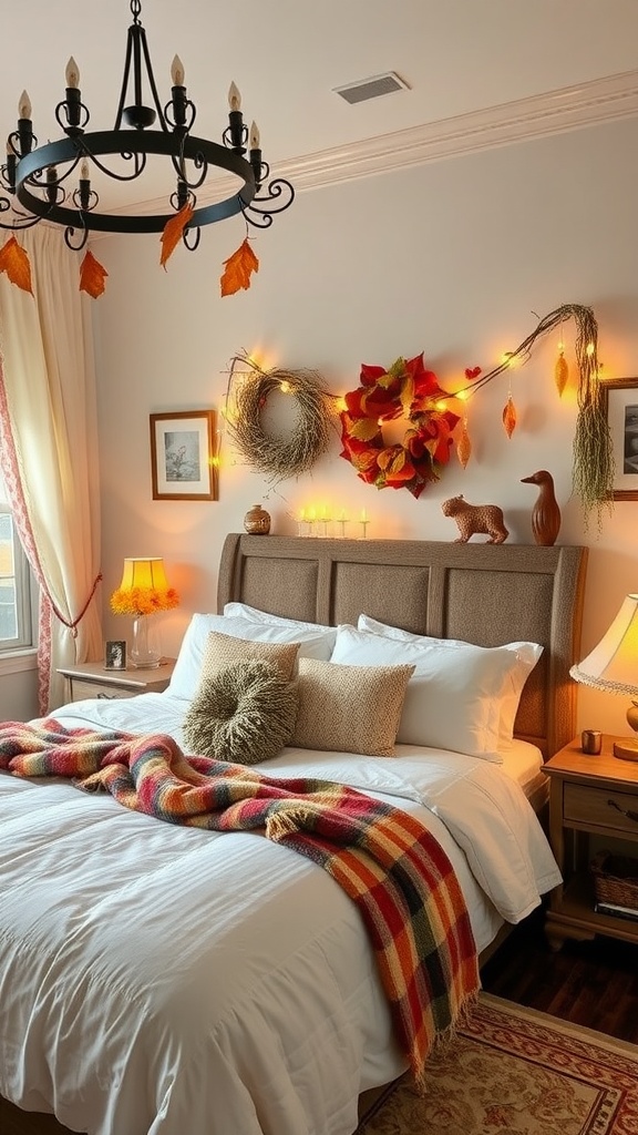 A cozy bedroom decorated with warm lights and seasonal decor, featuring a bed with soft linens, a small table, and potted plants.