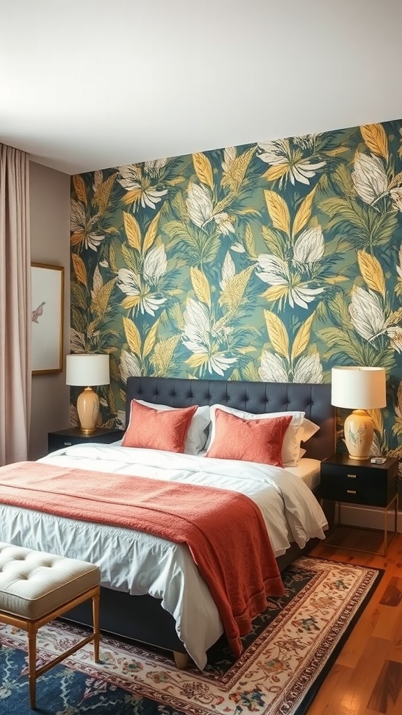 A modern bedroom with stylish wallpaper featuring soft swirling patterns in earthy tones.