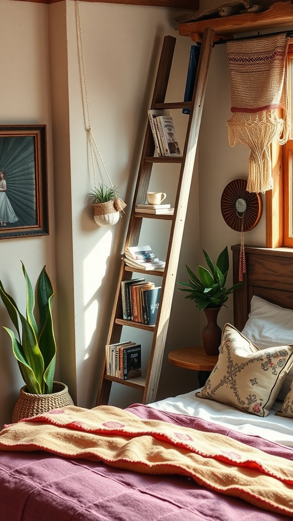 A cozy western boho bedroom with a repurposed wooden ladder as a bookshelf, plants, and vibrant textiles.