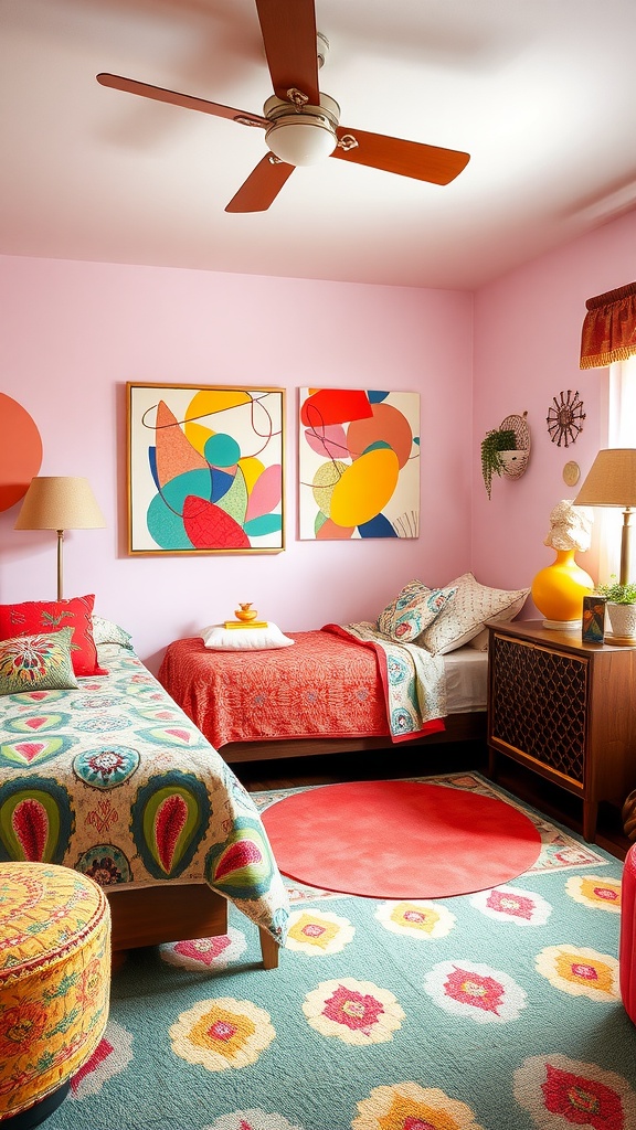 A vibrant bedroom featuring 70s decor with floral patterns, teal walls, and yellow curtains.