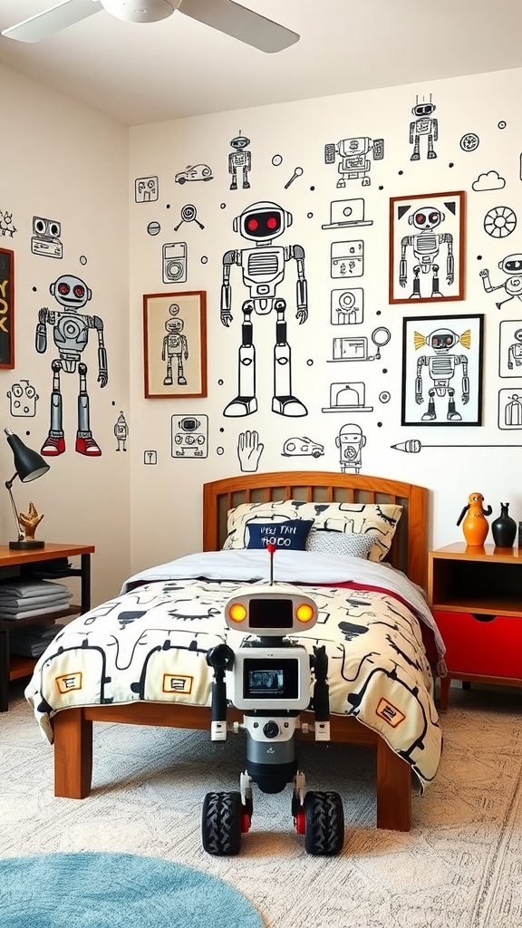 A toddler boy's robot-themed bedroom featuring colorful artwork, tech toys, and cozy bedding.