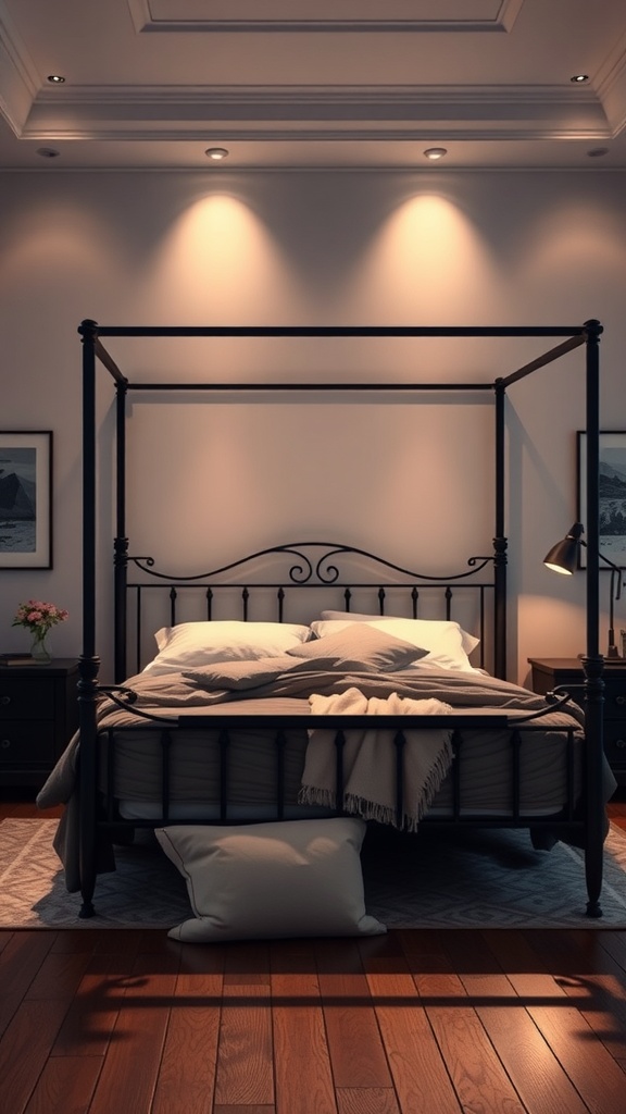 A cozy bedroom featuring a black bedframe and dim lighting, creating a romantic atmosphere.