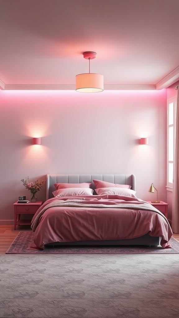 A romantic grey and pink bedroom with soft lighting and cozy decor.