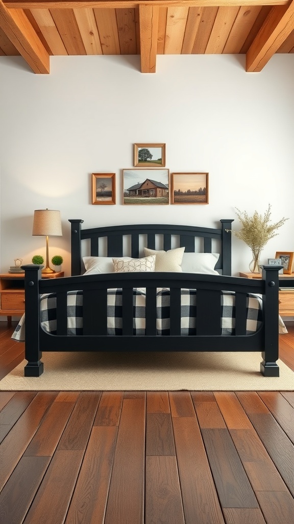 A rustic farmhouse bedroom featuring a black bedframe, checkered bedding, wooden beams, and nature-themed wall decor.