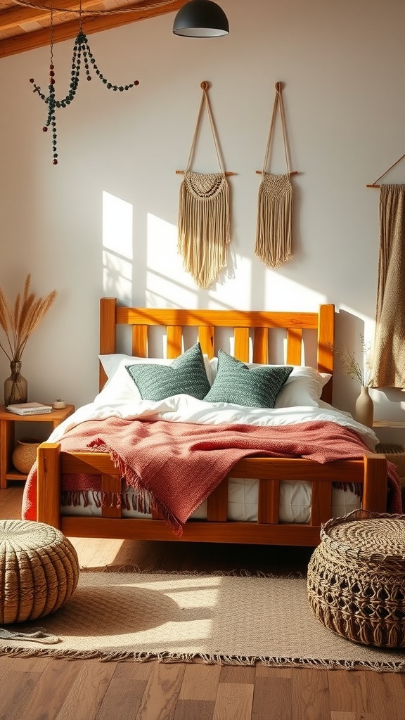 A cozy Western boho bedroom with a wooden bed, earthy tones, and rustic decor.