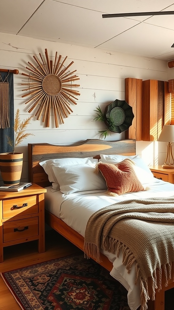 A cozy Western boho bedroom featuring rustic wooden furniture, a patterned rug, and warm decor.