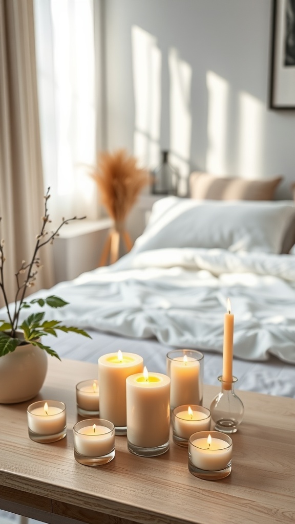 A cozy bedroom with various scented candles on a wooden table, creating a warm environment.