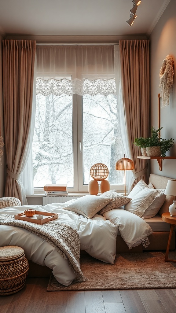 Cozy winter bedroom with soft bedding and snowy view outside