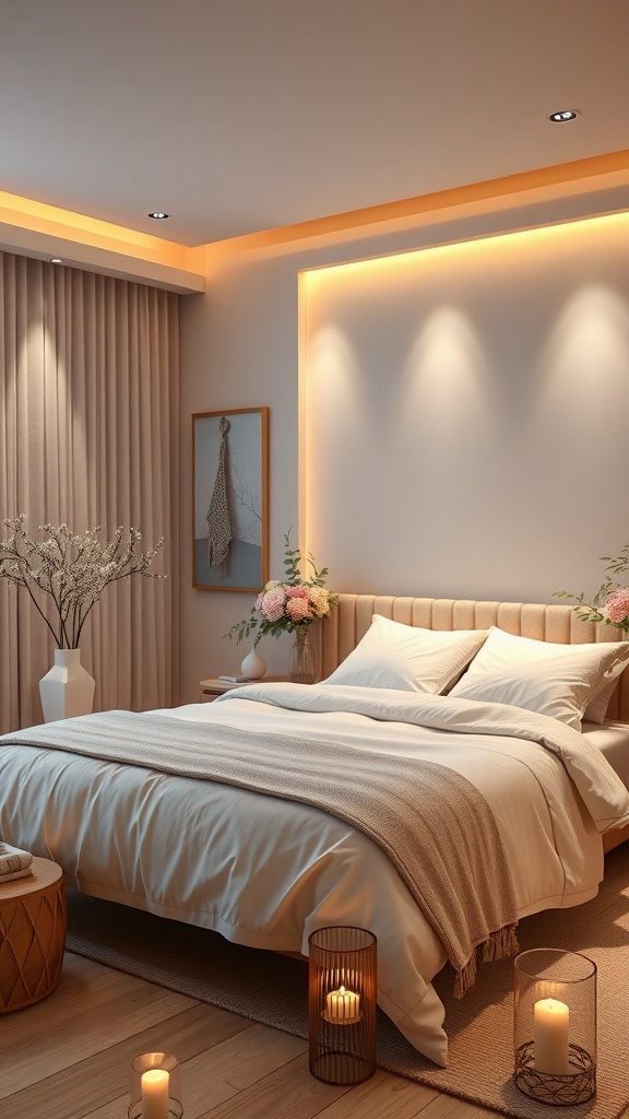 A serene bedroom with soft lighting, a cozy bed, flowers, and candles for a spa vibe.