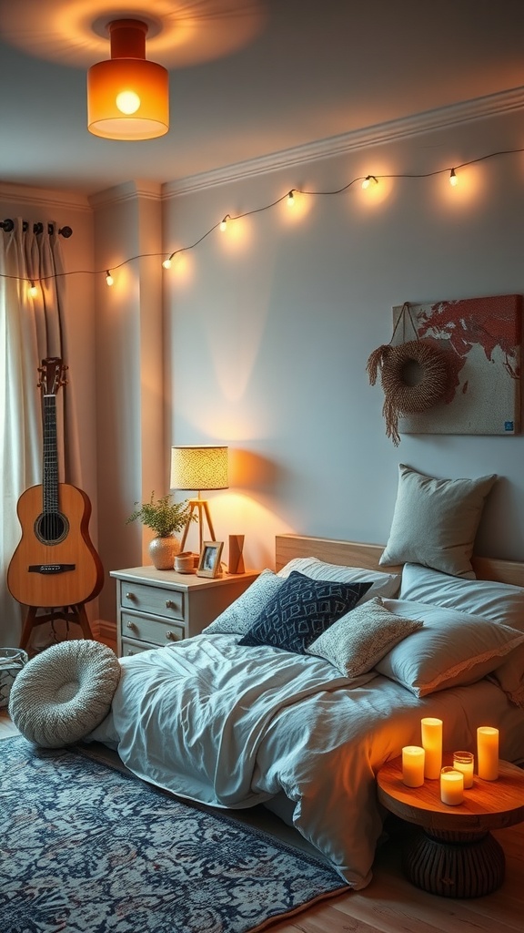 A cozy bedroom with soft ambient lighting, featuring string lights and candles.