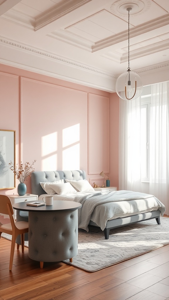 A bedroom featuring soft pink accent walls, grey furniture, and natural lighting.