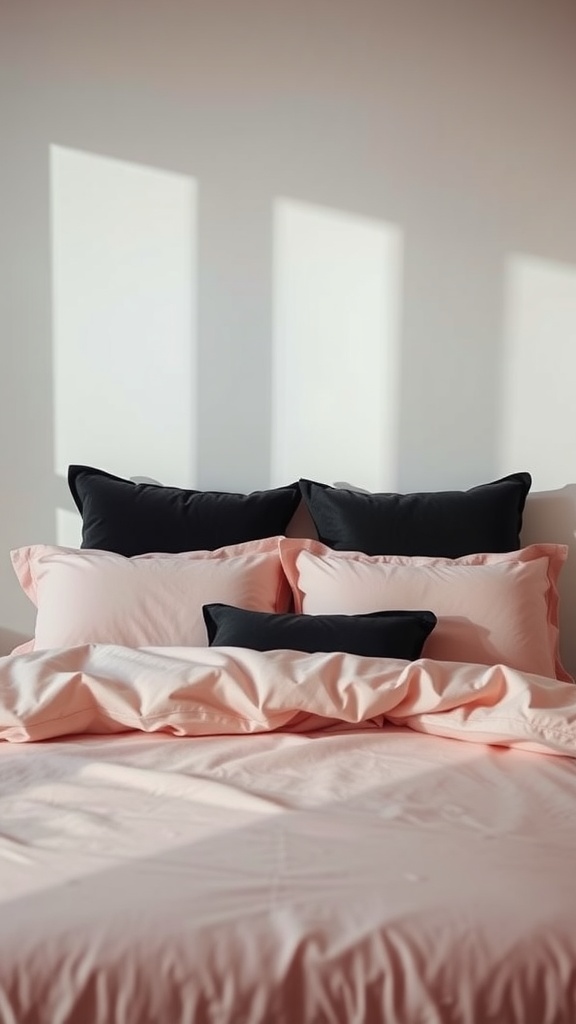 A bed with soft pink bedding and black accent pillows.