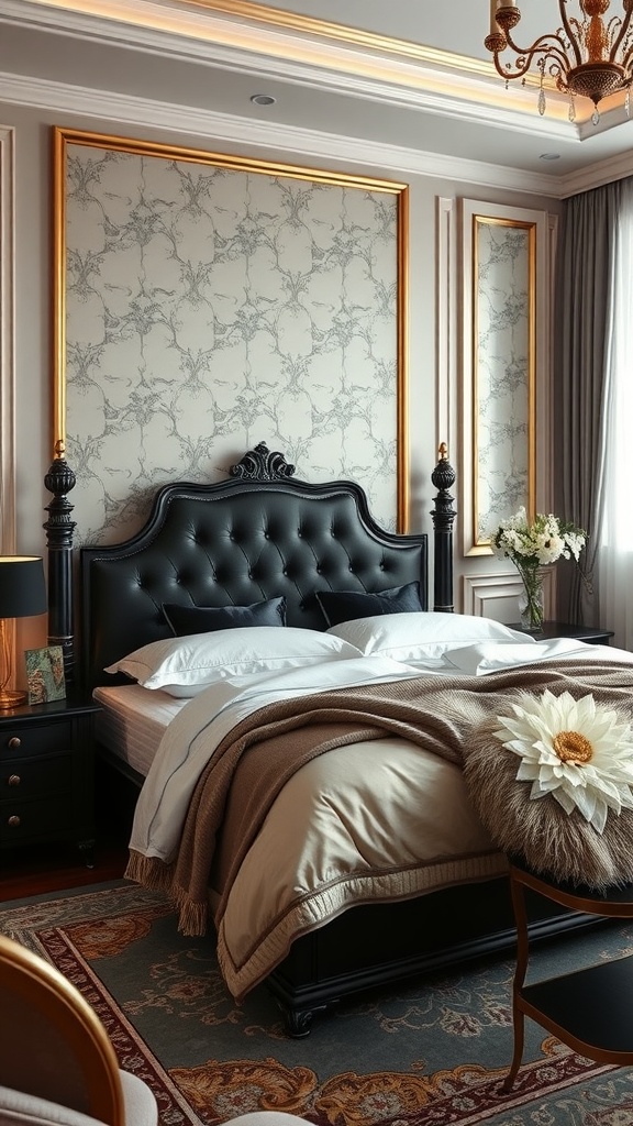 Elegant bedroom with black bedframe and gold accents