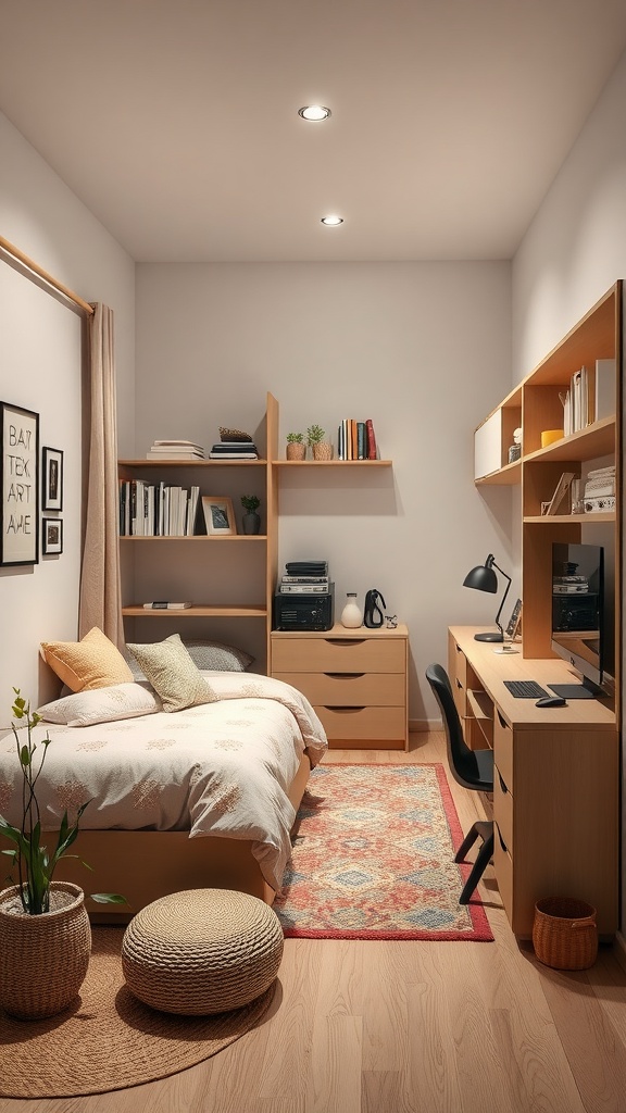 A modern small bedroom with a bed, shelving, desk, and warm decor.