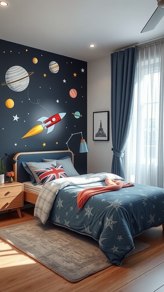 A toddler boy's bedroom featuring space-themed decor, including a rocket mural, star-patterned bedding, and a cozy atmosphere.