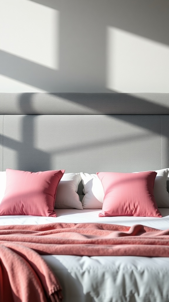 A grey headboard with pink pillows on a bed, showcasing a modern bedroom design.