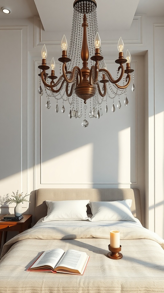 A stylish chandelier hangs above a cozy bed in a well-lit bedroom.