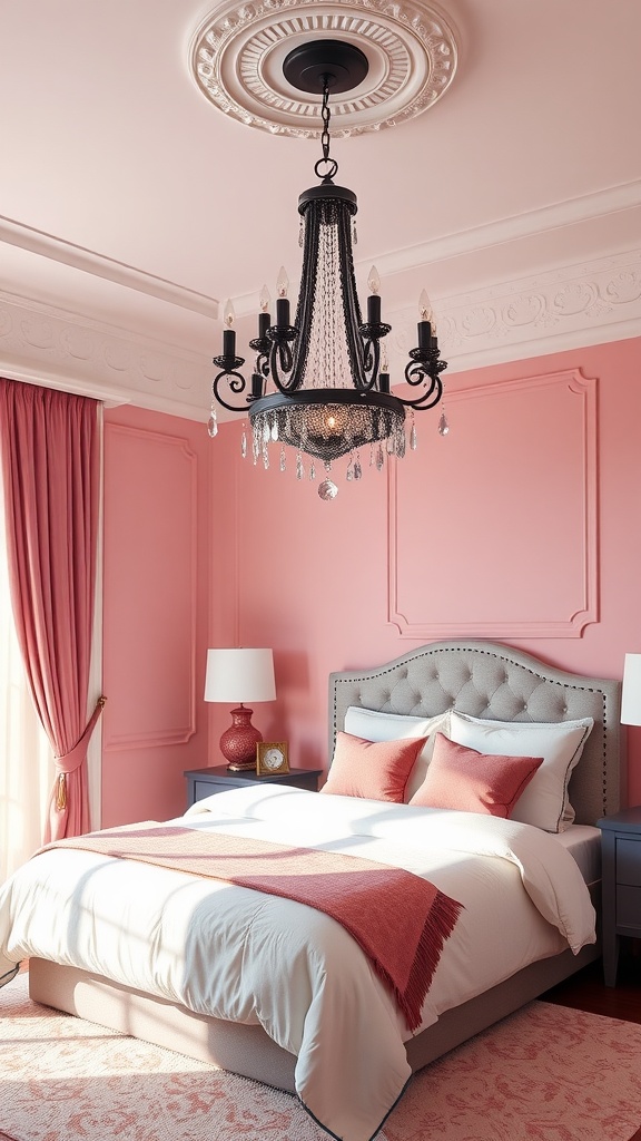 Elegant black chandelier in a pink and black bedroom